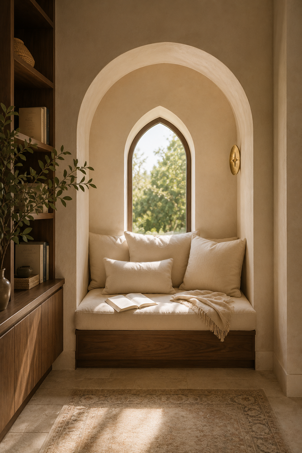 A quiet arched alcove with cushions, an open book, and soft morning light